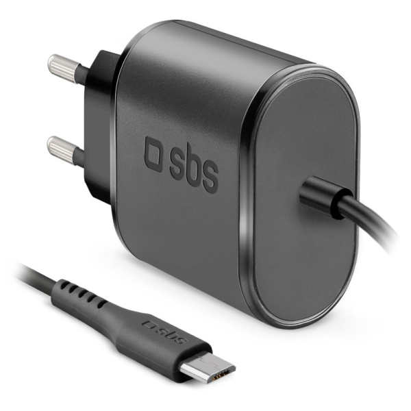 sbstravelc_6298627 SBS TRAVEL CHARGER FIXED 2.1A + DATA CABLE MICRO USB 1m black - Image 1