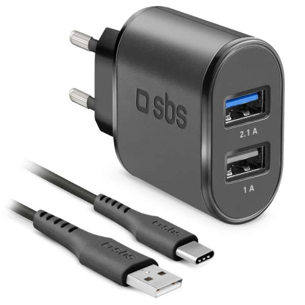 sbstravelc_6318696 SBS TRAVEL CHARGER 2 PORTS 2.1A + DATA CABLE TYPE C 1m black - Image 1