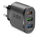 SBS TRAVEL CHARGER 3 PORTS USB/USB/TYPE C PD 30W black