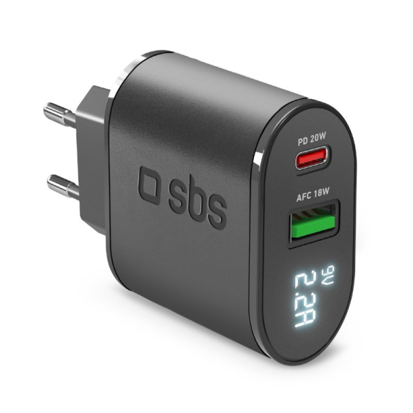 sbstravelc_6335281 SBS TRAVEL CHARGER LCD 2 PORTS USB/TYPE C PD 20W black - Image 1
