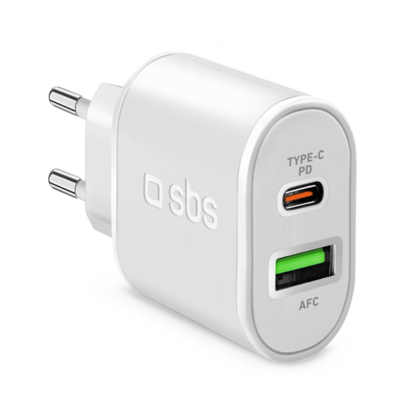sbstravelc_6335290 SBS TRAVEL CHARGER 2 PORTS USB/TYPE C PD 20W white - Image 1