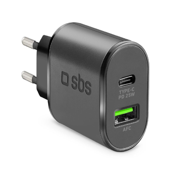 sbstravelc_6335292 SBS TRAVEL CHARGER 2 PORTS USB AFC /TYPE C PD 25W black - Image 1