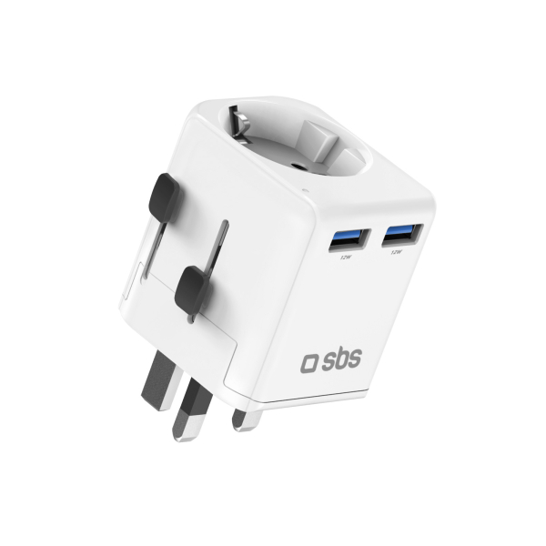 sbsunivers_6322197 SBS UNIVERSAL PLUG 2xUSB + SHUCKO EU/UK/US/AUS white - Image 1